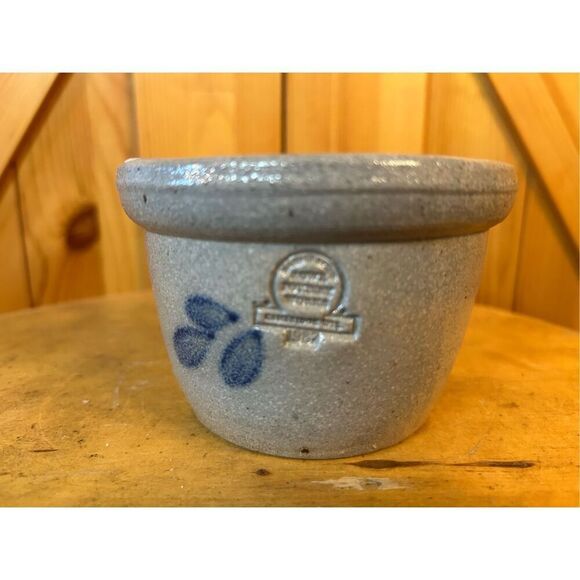 VTG 1987 Rowe Pottery Salt Glazed Blue Floral Heart Hand Thrown Crock Tealight ( - Picture 3 of 6